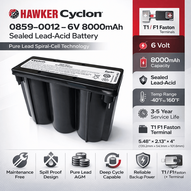 Hawker Cyclon Battery Fit's 0859-0012, 6v 8ah Sealed Lead Acid Hawker Cyclon