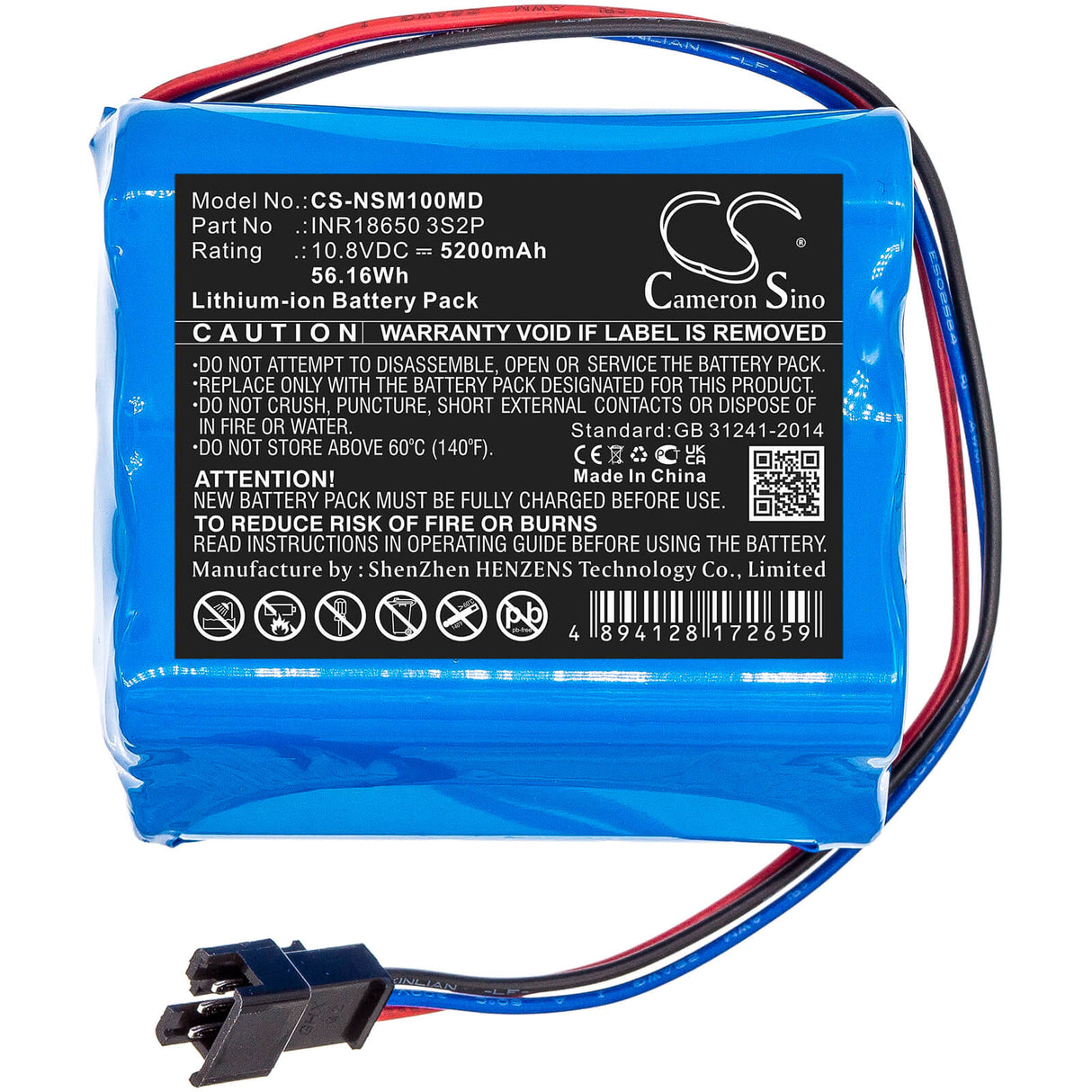 10.8V, Li-ion, 5200mAh, Medical battery fits Neusoft, Inr18650 3s2p, Nsc-m10, 56.16Wh Medical Cameron Sino Technology Limited (Medical)