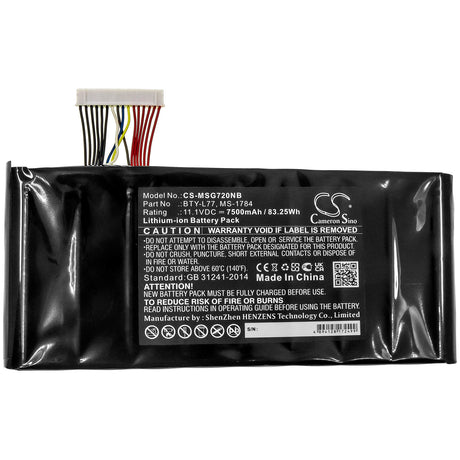 11.1v, 7500mah, Li-ion Battery Fit's Msi, 2qe-212cn, 9s7-178541-462, Gt72 2pc Dominator, 83.25wh Notebook, Laptop Cameron Sino Technology Limited   