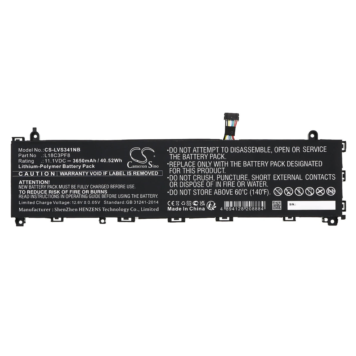 11.1V, Li-Polymer, 3650mAh, Notebook, Laptop battery fits Lenovo, Ideapad S340-13, Ideapad S340-13iml, 40.52Wh Notebook, Laptop Cameron Sino Technology Limited