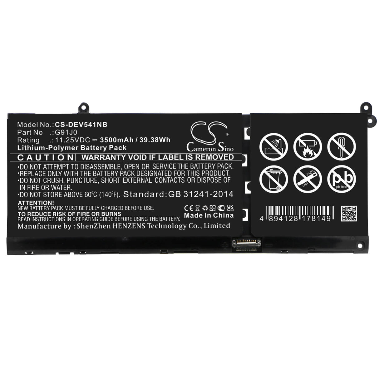 11.25v, Li-ion, 3500mah, Battery Fits Dell, Inspiron 5415, Inspiron 5418, 39.38wh Notebook, Laptop Cameron Sino Technology Limited   