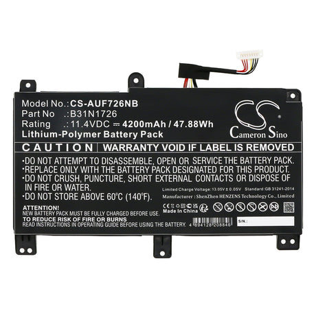 11.4V, Li-Polymer, 4200mAh, Notebook, Laptop battery fits Asus, Fx504, Fx504g, 47.88Wh Notebook, Laptop Cameron Sino Technology Limited
