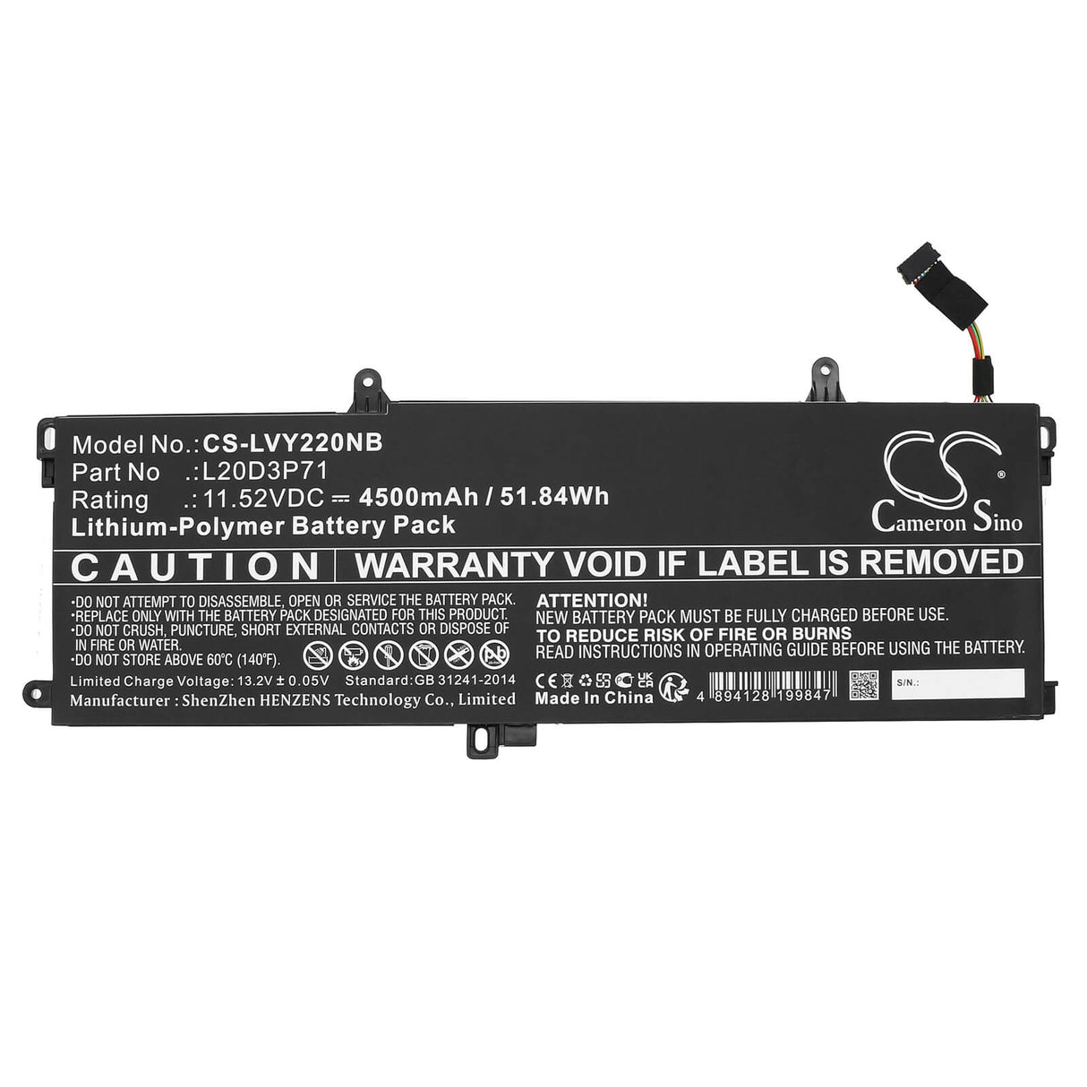 11.52V, Li-ion, 4500mAh, Notebook Battery fits Lenovo, Thinkpad X13 Yoga G2, Thinkpad X13 Yoga G2 20w80007z, 51.84Wh Notebook, Laptop Cameron Sino Technology Limited