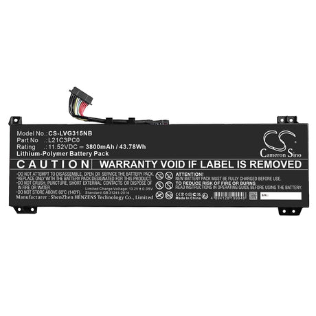 11.52V, Li-Polymer, 3800mAh, Battery fits Lenovo, Ideapad Gaming 3 15arh7 82sb00, Ideapad Gaming 3 15arh7 82sb00, 43.78Wh Notebook, Laptop Cameron Sino Technology Limited   