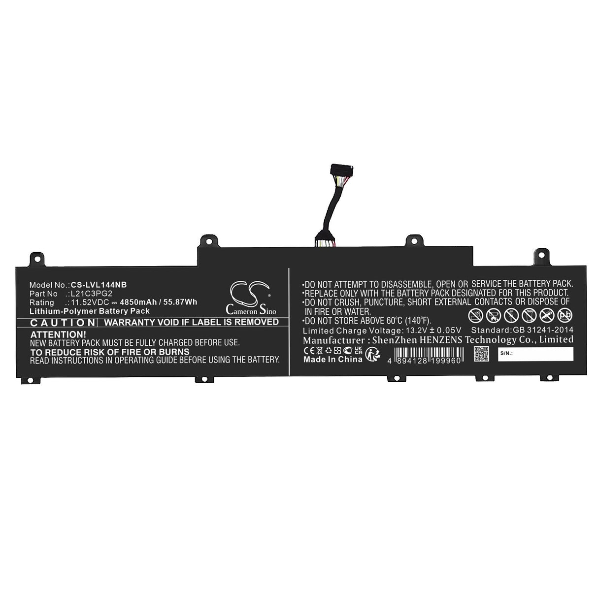 11.52V, Li-Polymer, 4850mAh, Notebook Battery fits Lenovo, Thinkpad C14 Gen 1 Chromebook, Thinkpad C14 Gen 1 Chromebook, 55.87Wh Notebook, Laptop Cameron Sino Technology Limited
