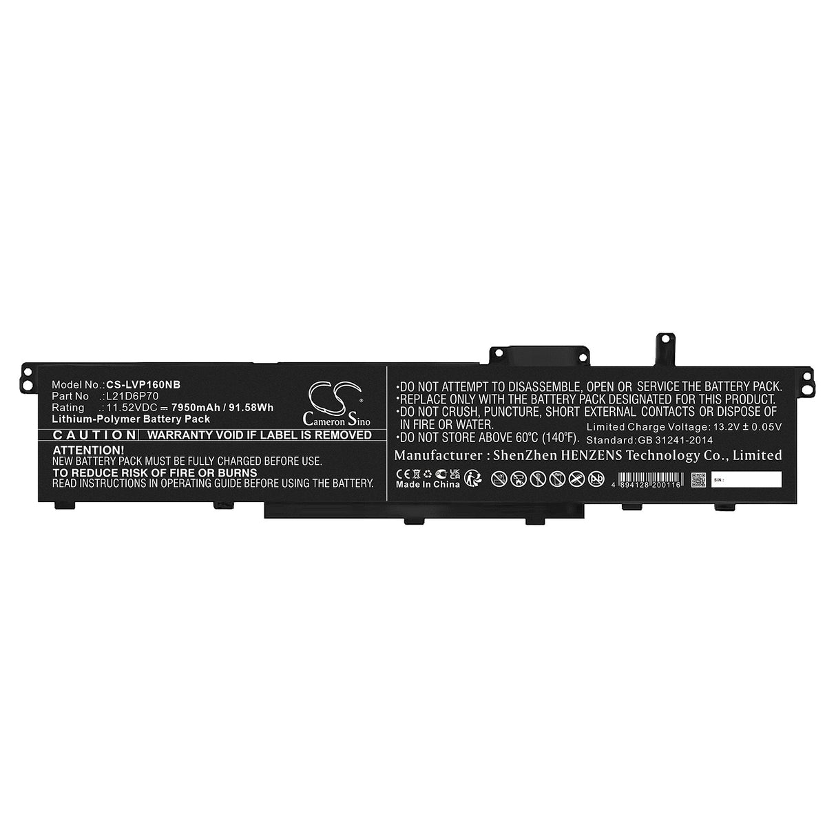 11.52V, Li-Polymer, 7950mAh, Notebook Battery fits Lenovo, Thinkpad P16 00cd 2022, Thinkpad P16 Gen1, 91.58Wh Notebook, Laptop Cameron Sino Technology Limited