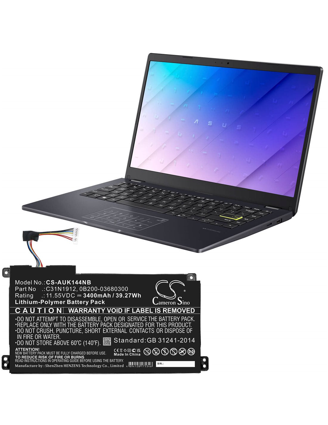 11.55v, Li-polymer, 3400mah, Notebook Battery Fits Asus, E410ma, E510ma, 39.27wh Notebook, Laptop Cameron Sino Technology Limited