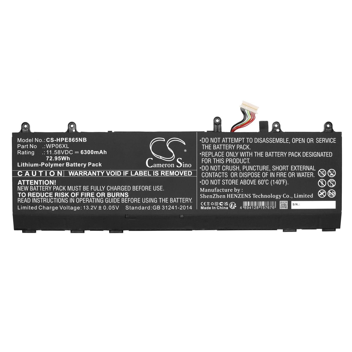 11.58v, Li-ion, 6300mah, Battery Fits Hp, Elitebook 860 G9 5z6b1ea, Elitebook 860 G9 5z6b5ea, 72.95wh Notebook, Laptop Cameron Sino Technology Limited