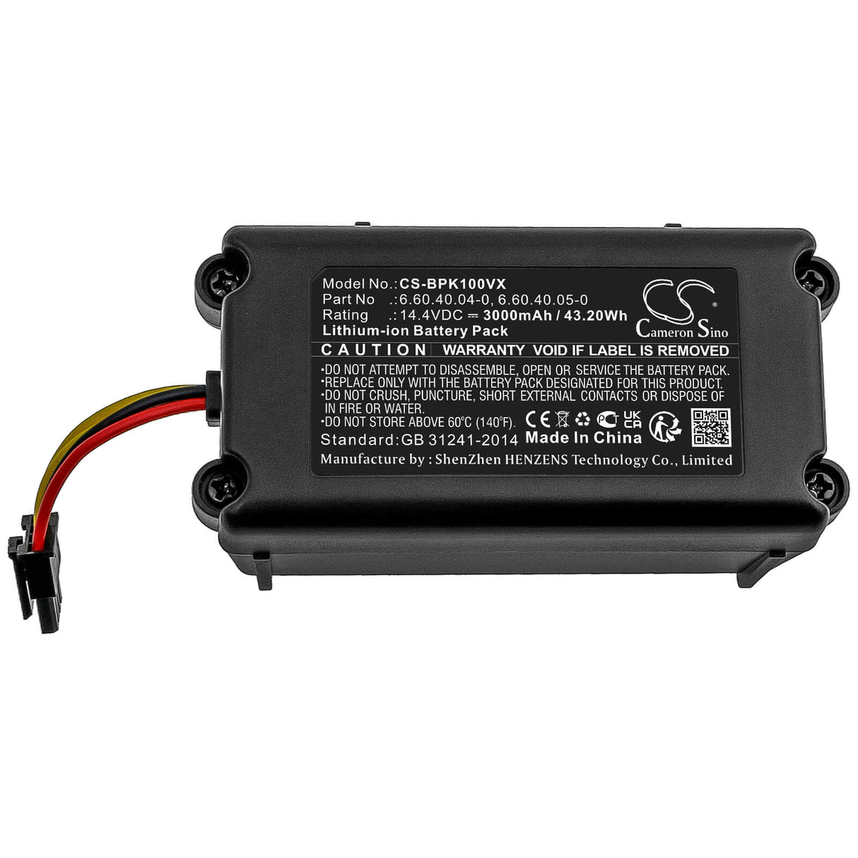 14.4V, Li-ion, 3000mAh, Vacuum battery fits Lauben, Sencor, Bpk-vcbb1xe, Bpk-vcbb1xpw+, Bpk-vcbb1xs, 43.20Wh Vacuum Cameron Sino Technology Limited