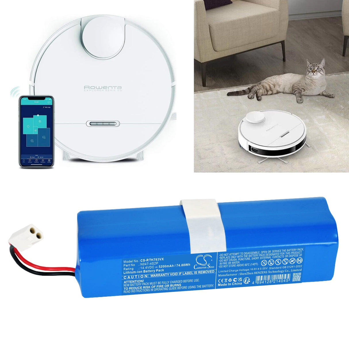 14.4V, Li-ion, 5200mAh, Vacuum battery fits Rowenta, N047-4s2p, Rg7975wh/ns0, Rg7987wh/ns0, 74.88Wh Vacuum Cameron Sino Technology Limited