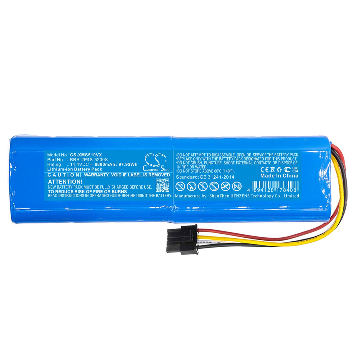 14.4V, Li-ion, 6800mAh, Vacuum battery fits Roborock, Xiaomi, D10, D10 Plus, D10s, 97.92Wh Vacuum Cameron Sino Technology Limited