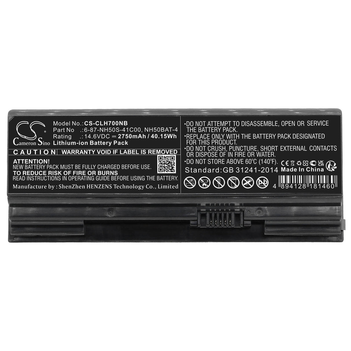 14.6v, Li-ion, 2750mah, Notebook Battery Fits Shinelon, Systemax, Clevo, Medion, 40.15wh Notebook, Laptop Cameron Sino Technology Limited