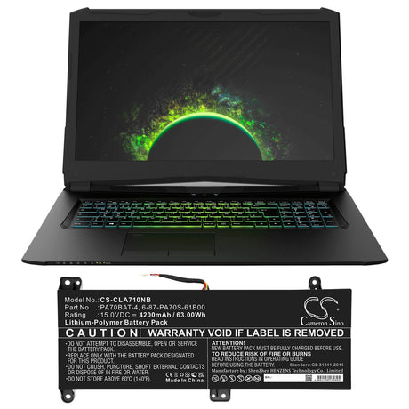 15.0v, 4200mah, Li-polymer Battery Fit's Clevo, Pa70hp6-g, Pa70hs-g, Pa71hp6-g, 63.00wh Notebook, Laptop Cameron Sino Technology Limited   