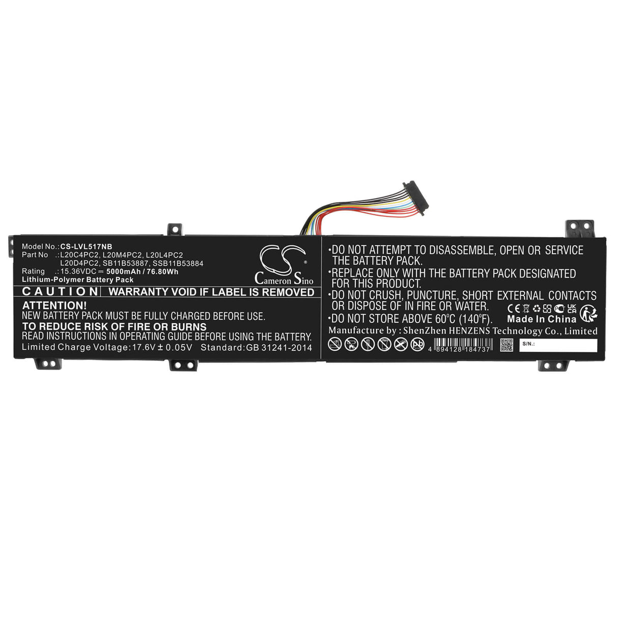 15.36v, Li-ion, 5000mah, Battery Fits Lenovo, Legion 5 17ach6-82jy005tus, Legion 5 17ach6-82k00002kr, 76.80wh Notebook, Laptop Cameron Sino Technology Limited   