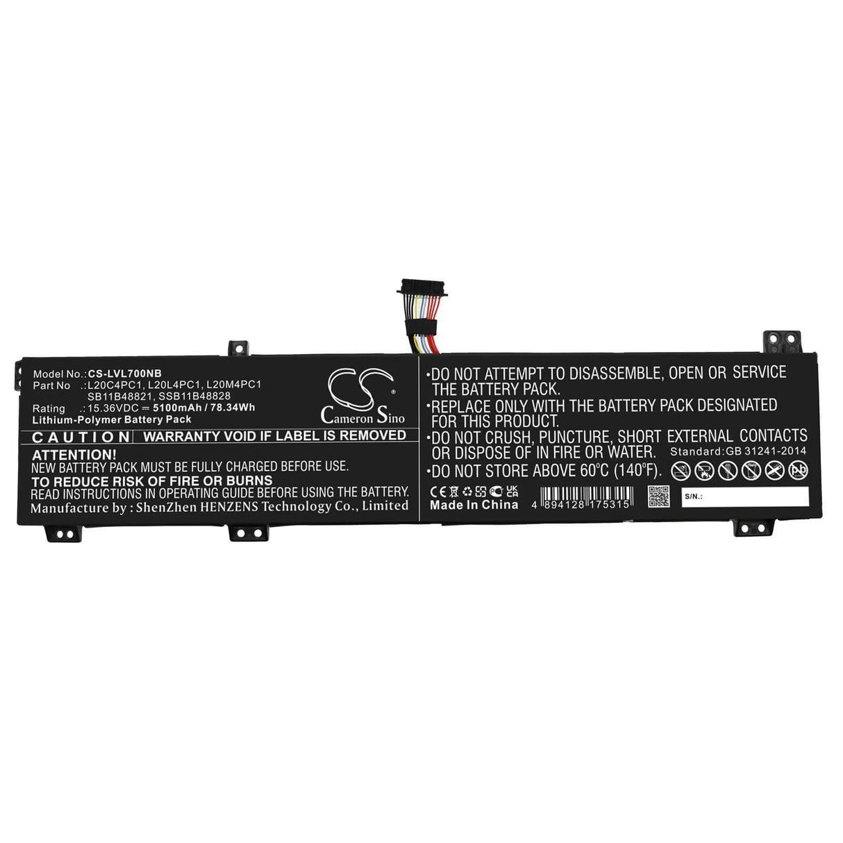 15.36v, Li-ion, 5100mah, Battery Fits Lenovo, Legion 5 15ach 82ju00brge, Legion 5 15ach 82ju00btge, 78.34wh Notebook, Laptop Cameron Sino Technology Limited   