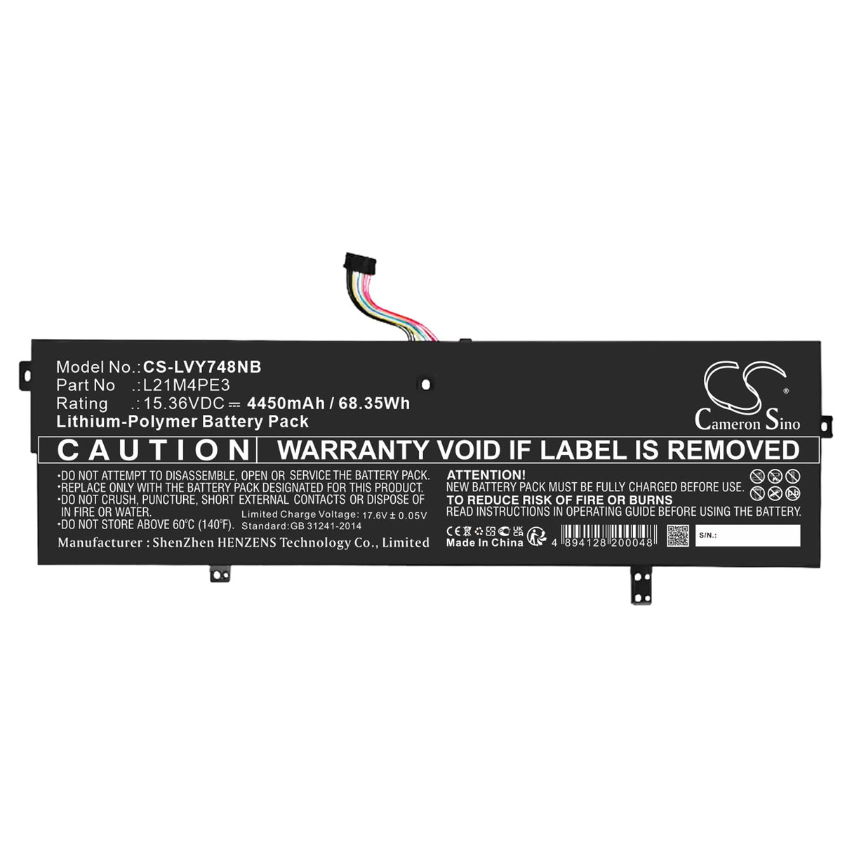 15.36V, Li-Polymer, 4450mAh, Notebook Battery fits Lenovo, L21b4pe2, Yoga 7 14arb7 82qf000dsp, 68.35Wh Notebook, Laptop Cameron Sino Technology Limited