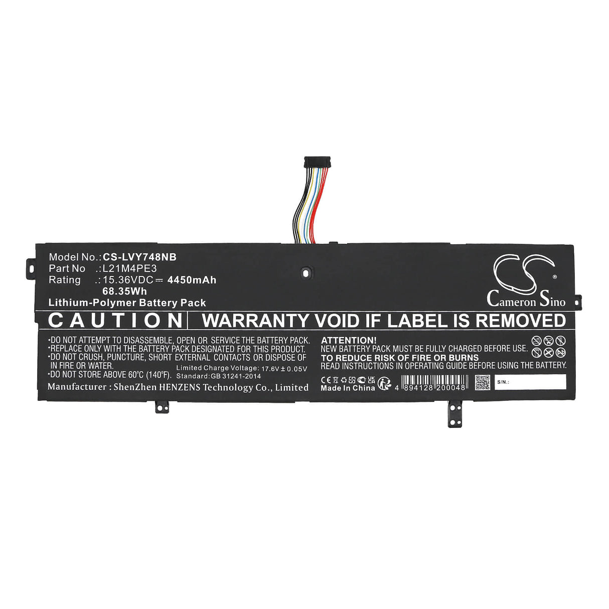 15.36V, Li-Polymer, 4450mAh, Notebook Battery fits Lenovo, L21b4pe2, Yoga 7 14arb7 82qf000dsp, 68.35Wh Notebook, Laptop Cameron Sino Technology Limited