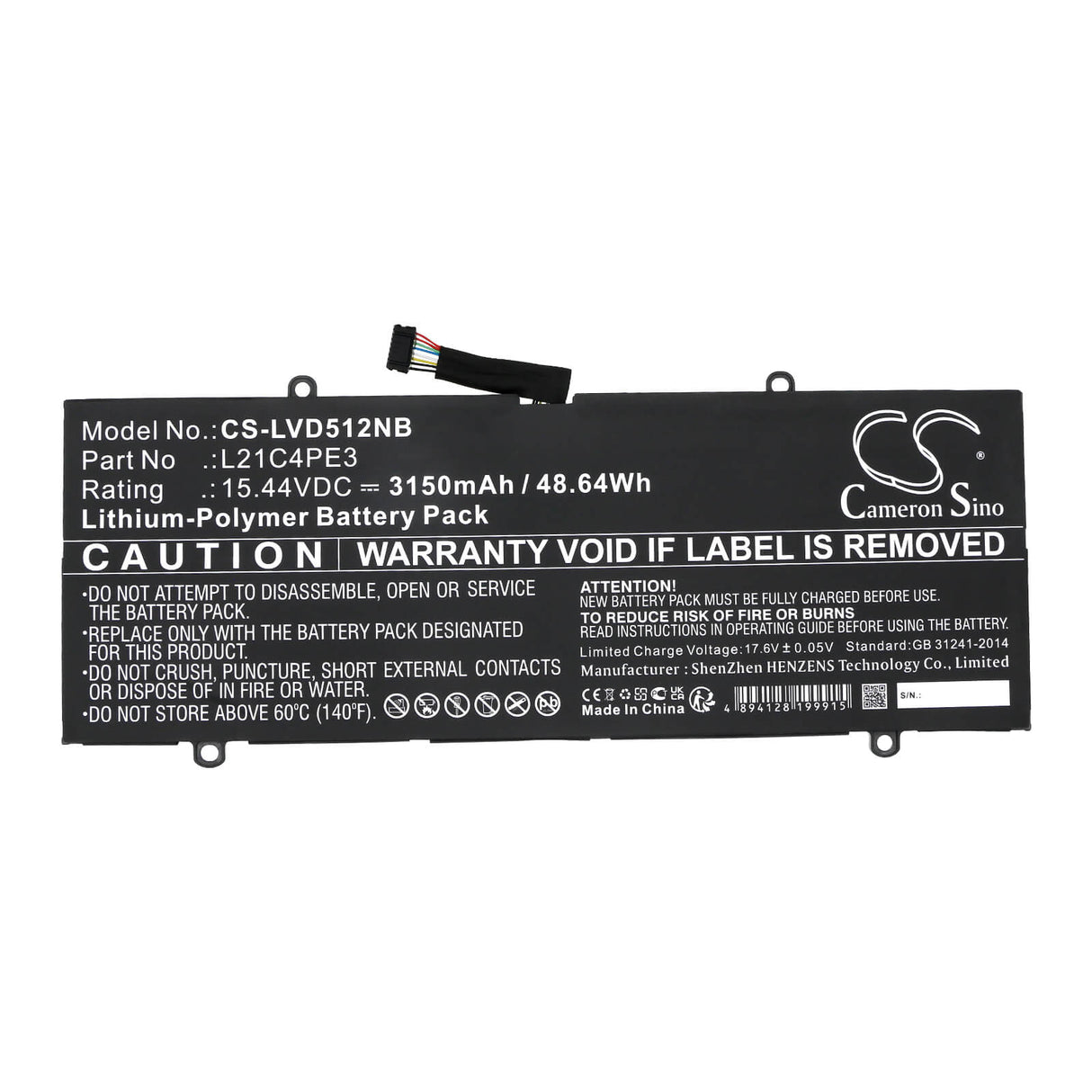 15.44V, Li-Polymer, 3150mAh, Battery fits Lenovo, Ideapad Duet 5 12iau7 82tq0002, Ideapad Duet 5 12iau7 82tq0006, 48.64Wh Notebook, Laptop Cameron Sino Technology Limited