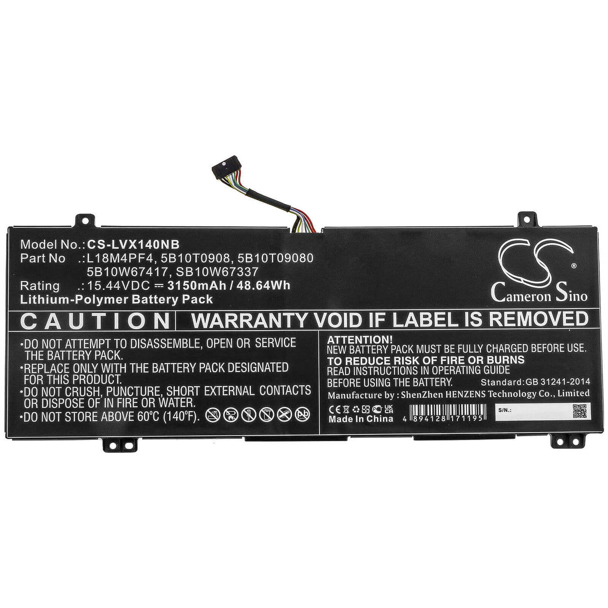 15.44v, Li-polymer, 3150mah, Battery Fit's Lenovo, Ideapad S540-14api, Ideapad S540-14iwl, Ideapad S540-15iwl, 48.64wh Notebook, Laptop Cameron Sino Technology Limited   