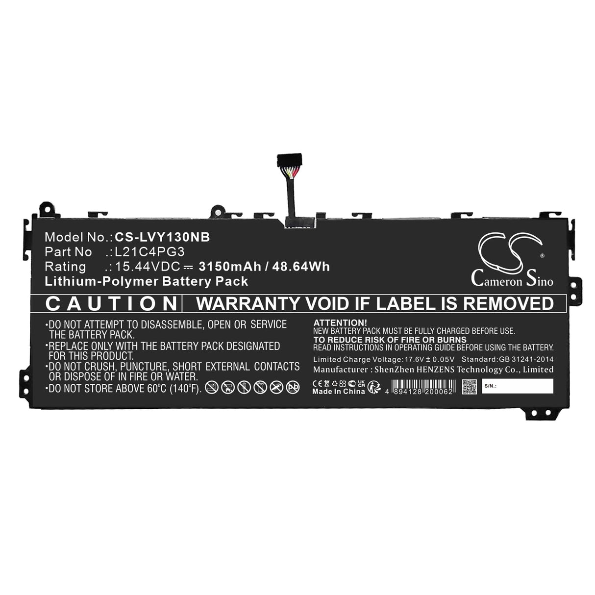 15.44V, Li-Polymer, 3150mAh, Notebook Battery fits Lenovo, Yoga 13w, 48.64Wh Notebook, Laptop Cameron Sino Technology Limited