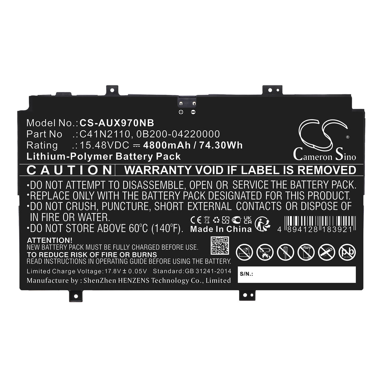 15.48v, Li-polymer, 4800mah, Battery Fits Asus, Ux9702aa, Zenbook 17 Fold Oled, 74.30wh Notebook, Laptop Cameron Sino Technology Limited   