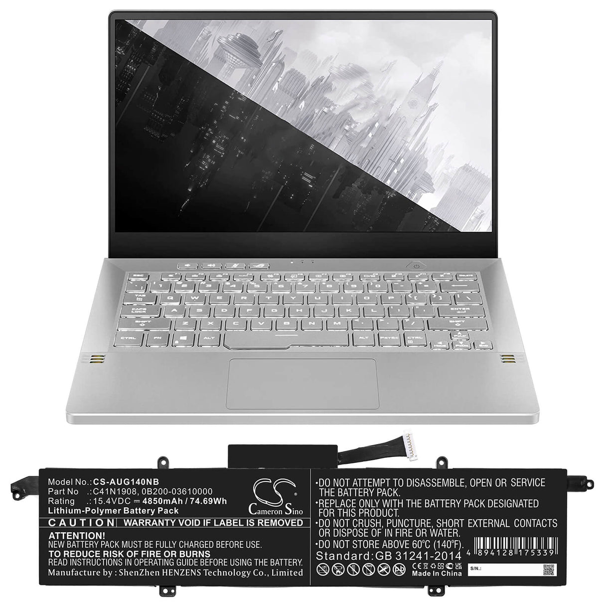 15.4v, Li-polymer, 4850mah, Notebook Battery Fits Asus, Rog Zephyrus G14, Rog Zephyrus G14 Ga401ih, 74.69wh Notebook, Laptop Cameron Sino Technology Limited