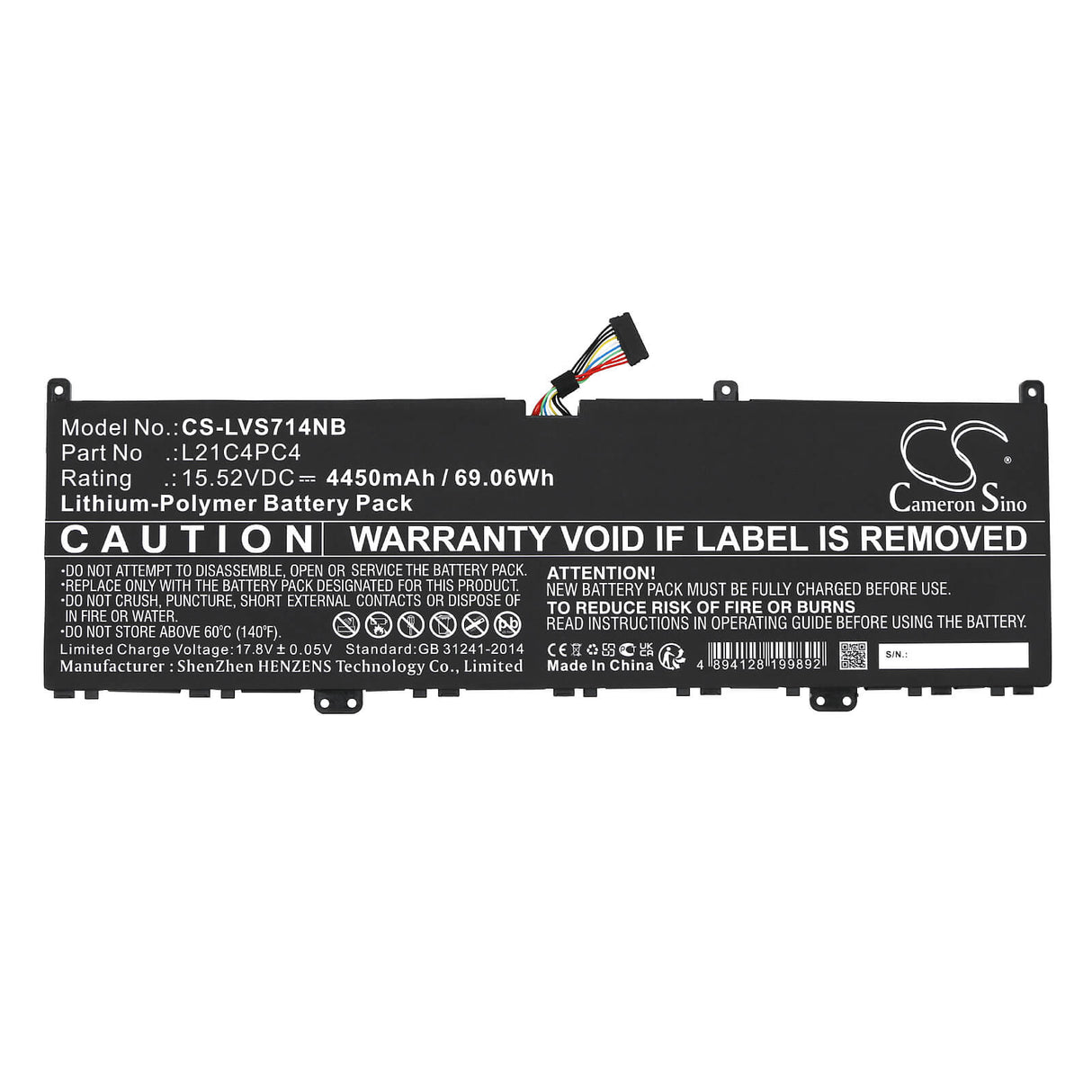 15.52V, Li-ion, 4450mAh, Notebook Battery fits Lenovo, Yoga Slim 7 Pro 14iap7 82sv00a, Yoga Slim 7 Pro 14iap7 82sv00a, 69.06Wh Notebook, Laptop Cameron Sino Technology Limited