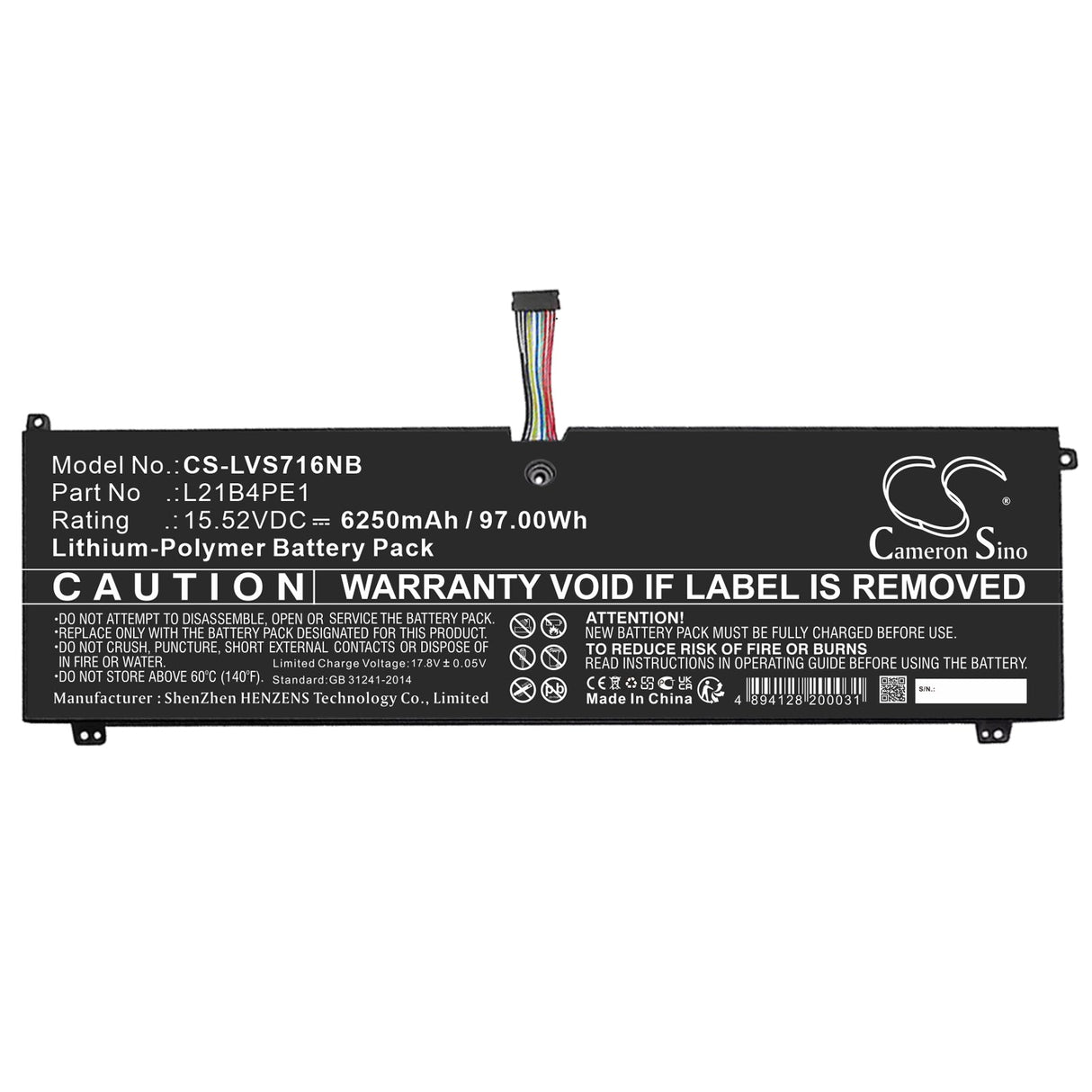 15.52V, Li-Polymer, 6250mAh, Notebook Battery fits Lenovo, Legion S7 16arha7, Legion S7 16arha7 82ug0000us, 97.0Wh Notebook, Laptop Cameron Sino Technology Limited