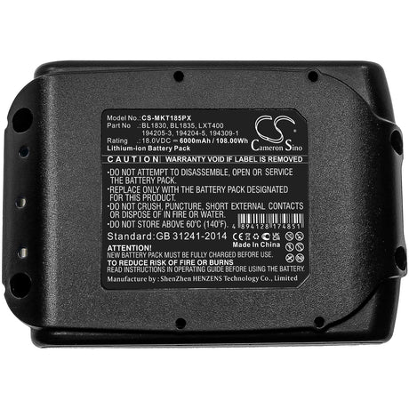 18.0V, Li-ion, 6000mAh, Power Tools battery fits Makita, (V1), 194065-3, Bbo140, Bbo180, 108Wh Power Tools Cameron Sino Technology Limited (Dangerous Goods)