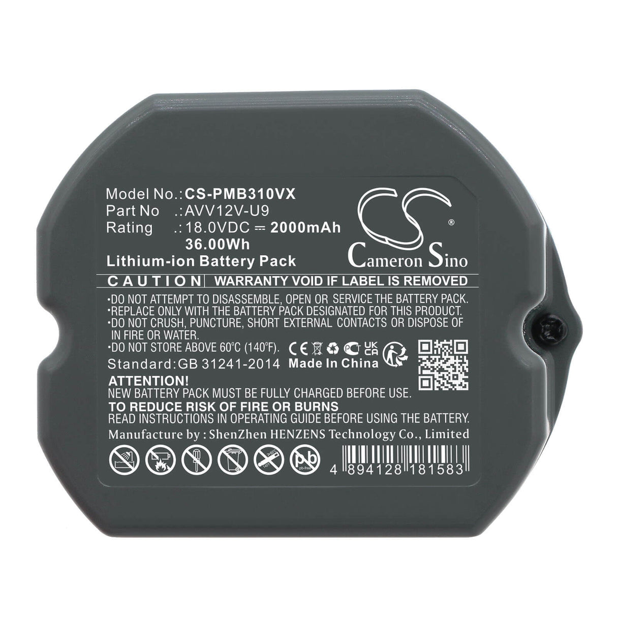 18.0V, Li-ion, 2000mAh, Vacuum battery fits Panasonic, Avv12v-u9, Mc-6dd65, Mc-sb30j-h, 36.00Wh Vacuum Cameron Sino Technology Limited