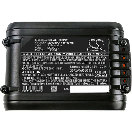 20.0V, Li-ion, 2000mAh, Lawn Mowers battery fits Al-ko, 113559, 34.8 Li Lawn Mover, Csa 2020 (113538), 40.00Wh Lawn Mowers Cameron Sino Technology Limited