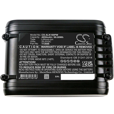 20.0V, Li-ion, 4950mAh, Lawn Mowers battery fits Al-ko, 113698, 34.8 Li Lawn Mover, Csa 2020 (113538), 99.00Wh Lawn Mowers Cameron Sino Technology Limited