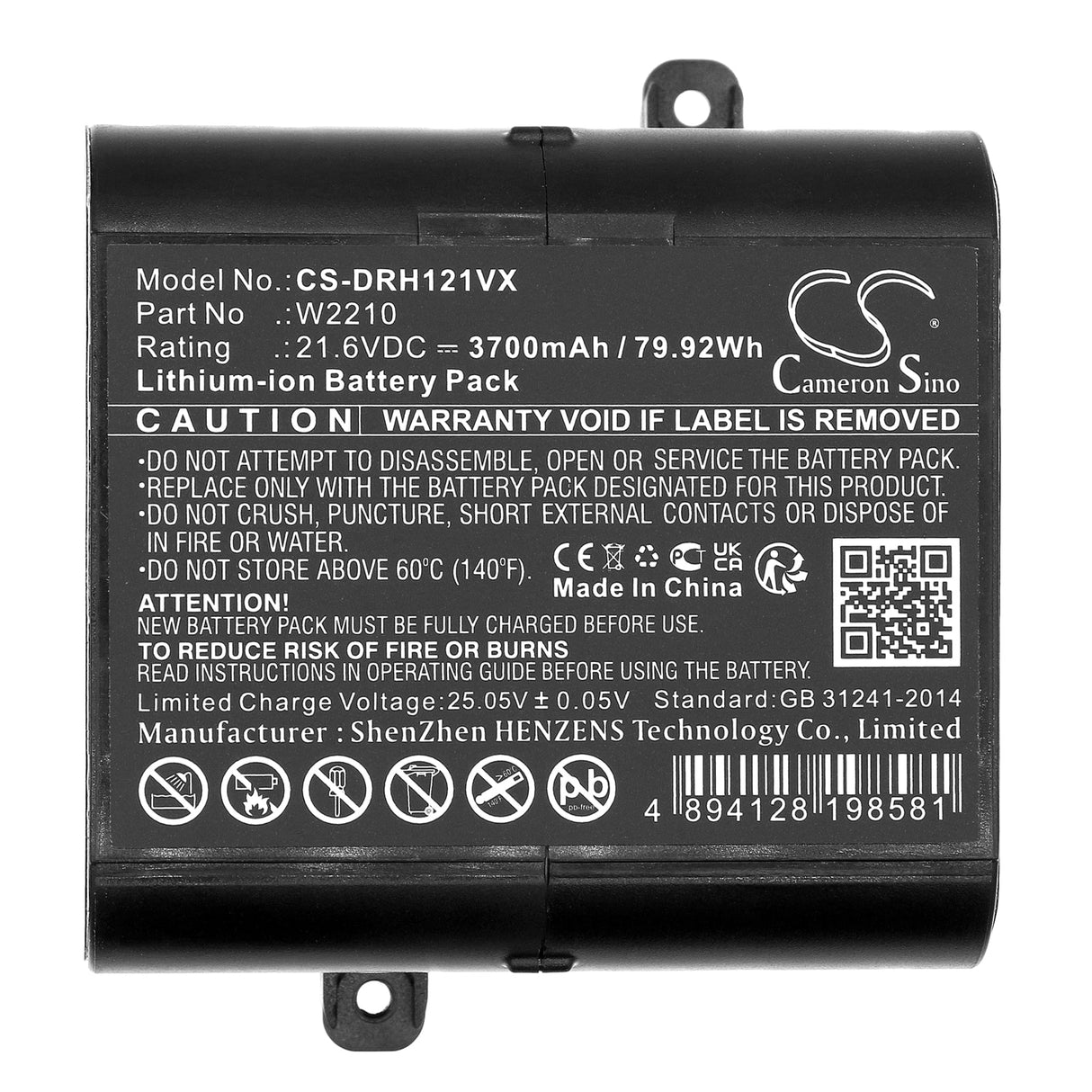 21.6V, Li-ion, 3700mAh, Vacuum Battery fits Dreame, H12, H12 Pro, 79.92Wh Vacuum Cameron Sino Technology Limited