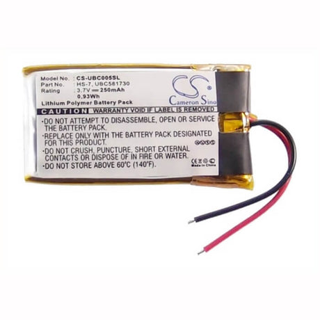 3.7V, Li-Polymer, 250mAh, Headset battery fits Ultralife, Hs-7, Ubc005, Ubc581730, 0.93Wh Wireless Headset Cameron Sino Technology Limited