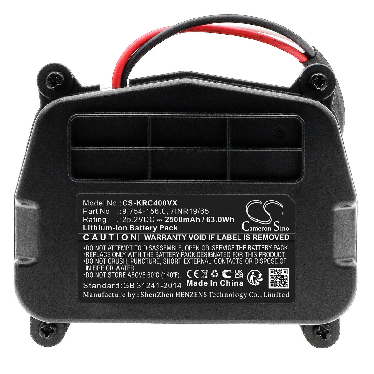 25.2V, Li-ion, 2500mAh, Vacuum battery fits Karcher, Vc4, 63.00Wh Vacuum Cameron Sino Technology Limited