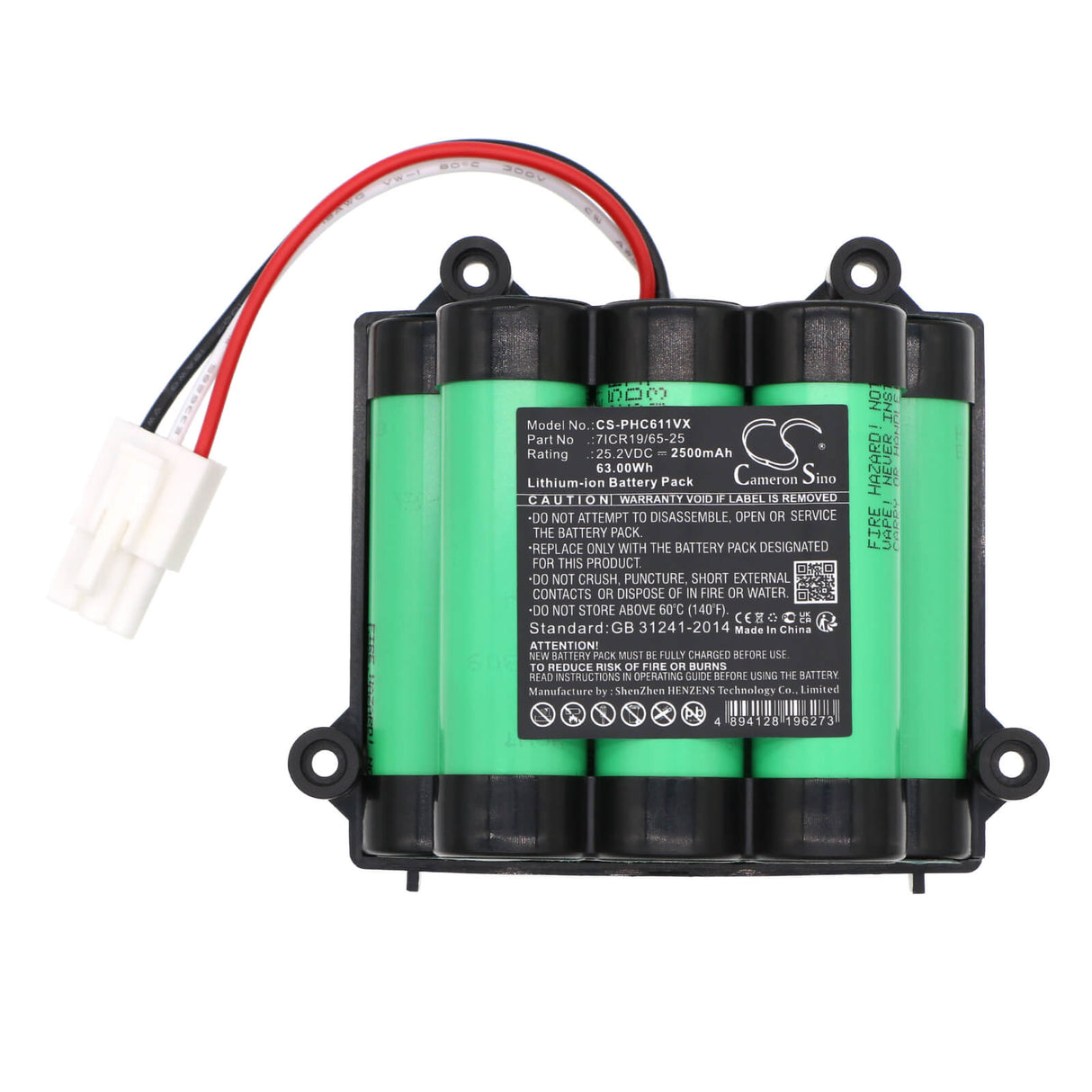 25.2V, Li-ion, 2500mAh, Vacuum battery fits Philips, Fc6170, Fc6170/01, Powerpro Uno, 63.00Wh Vacuum Cameron Sino Technology Limited
