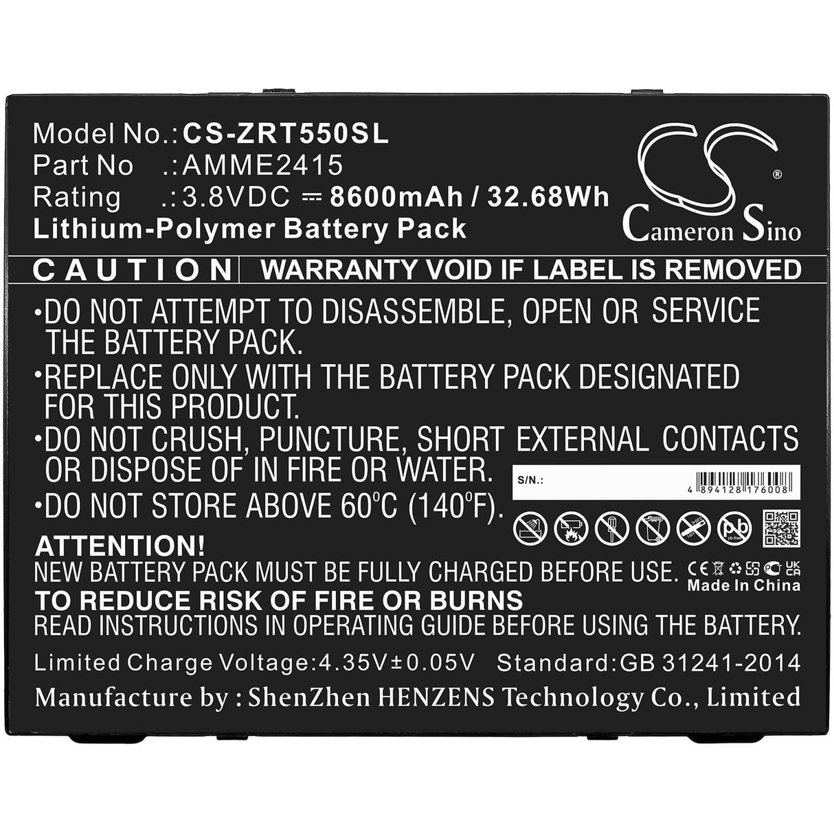 3.8V, Li-Polymer, 8600mAh, Tablet battery fits Zebra, Amme2415, Et50, Et55, 32.68Wh Tablet Cameron Sino Technology Limited