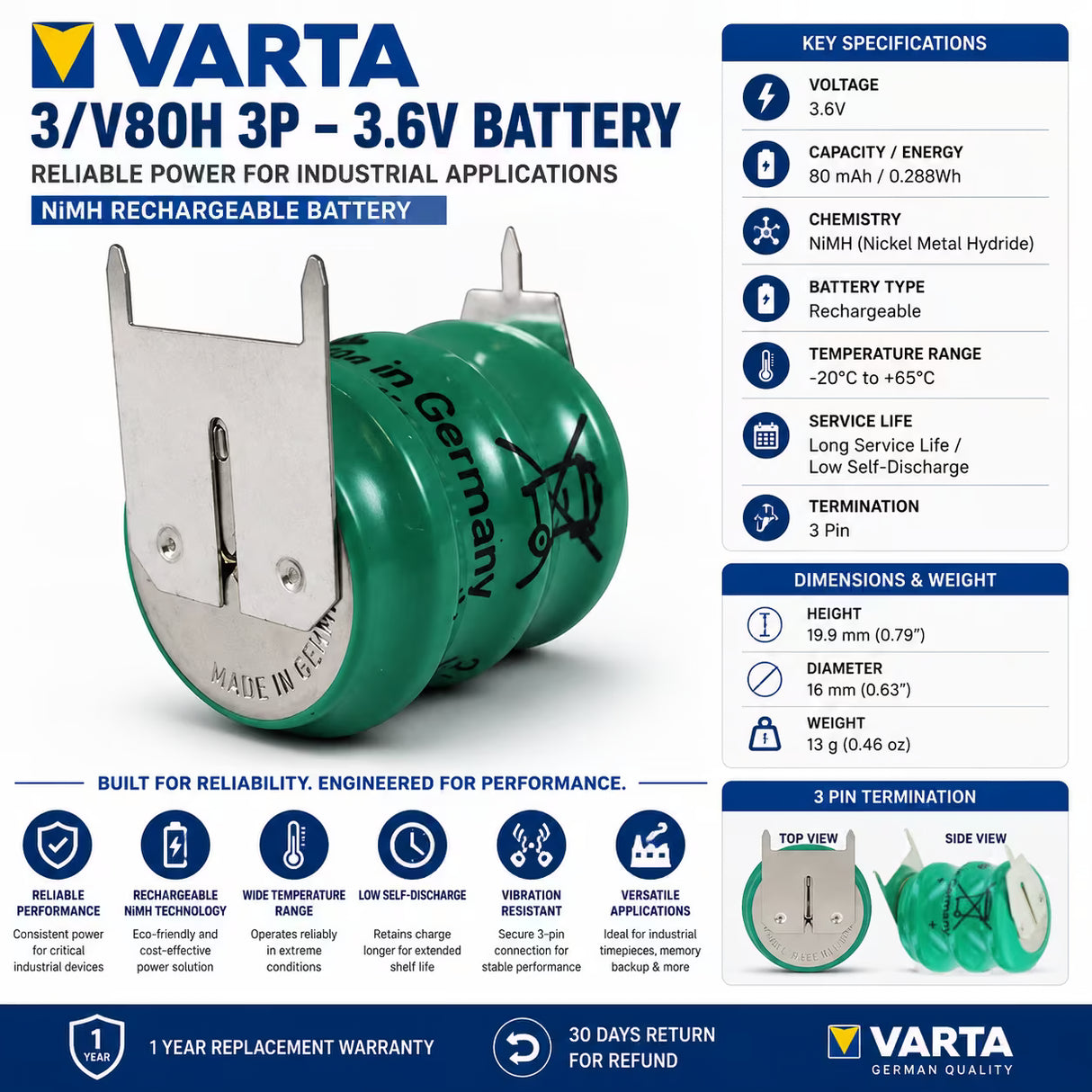 Varta 3/V80H 3P 3.6V 80mAh NiMH Battery with 3 Pin Terminal Other Batteries Varta