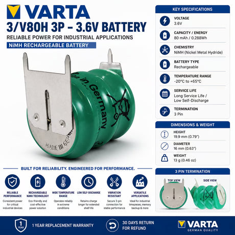 Varta 3/V80H 3P 3.6V 80mAh NiMH Battery with 3 Pin Terminal Other Batteries Varta