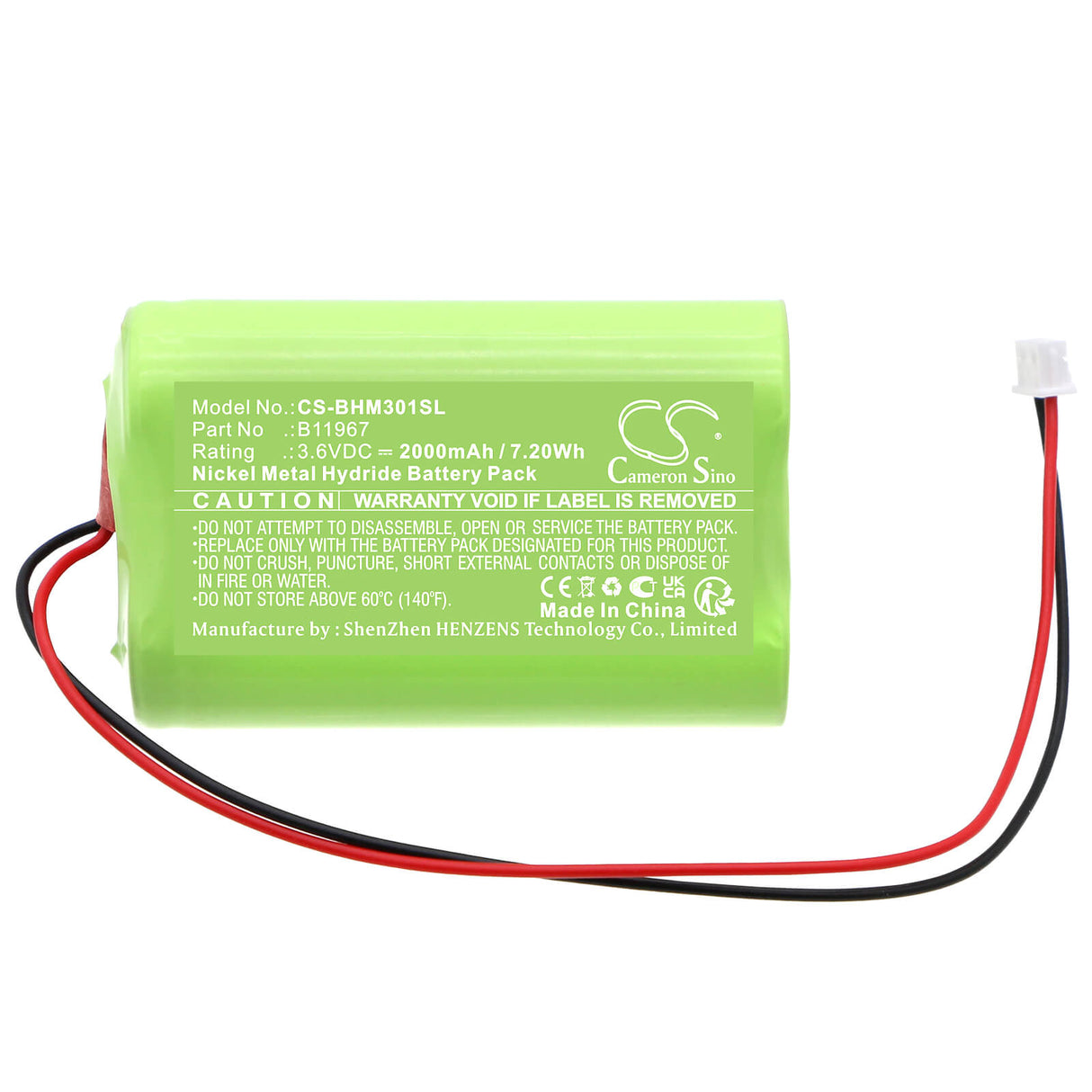 3.6V, Ni-MH, 2000mAh, Equipment battery fits Bacharach, B11967, Medigas PM 3010 N2O Monitor, 7.2Wh Equipment, Survey, Test Cameron Sino Technology Limited