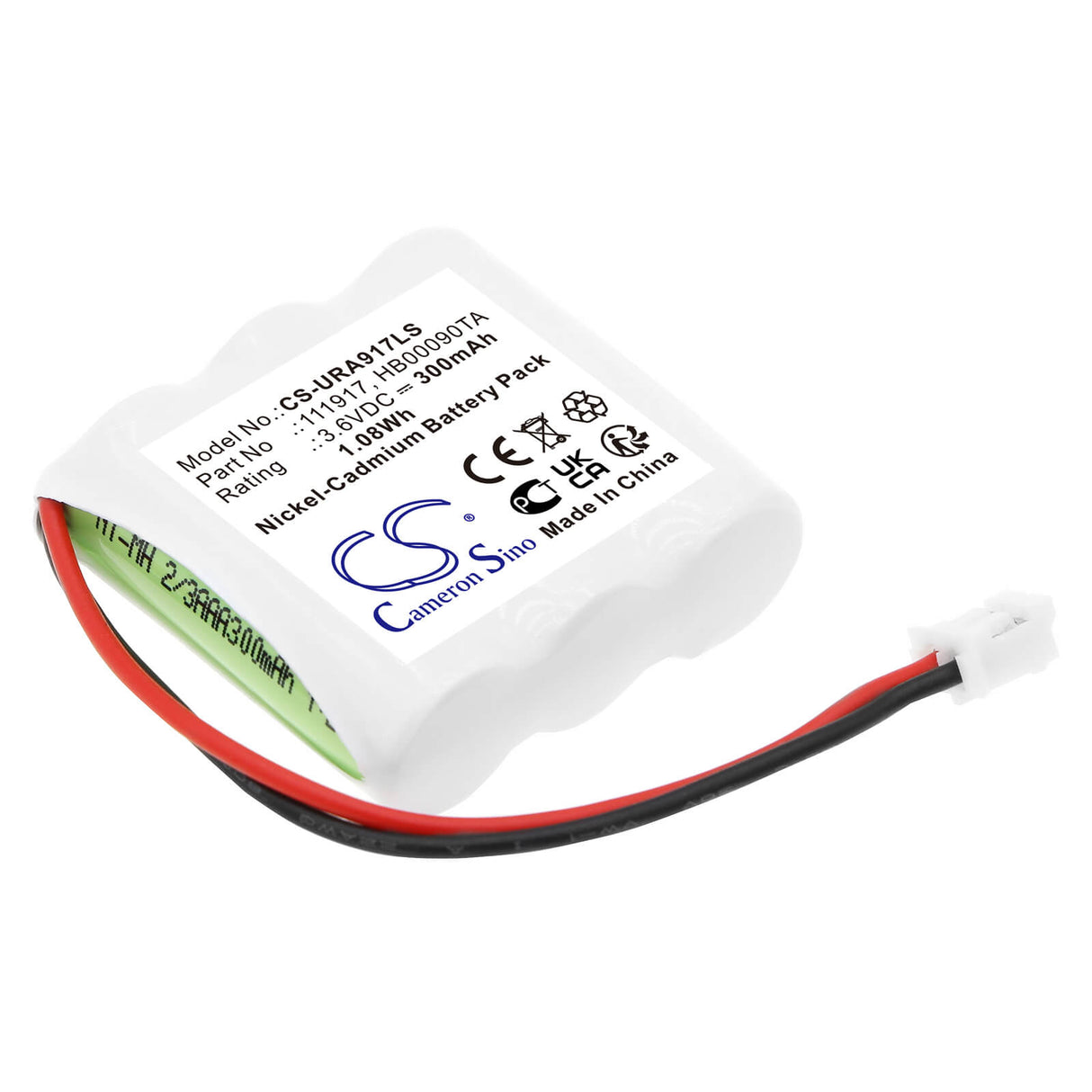 3,6V, Ni-MH, 300mAh, batterie d'éclairage de secours compatible avec Ura, 111917, 140130, 140131, 1,08Wh Éclairage de secours Cameron Sino Technology Limited