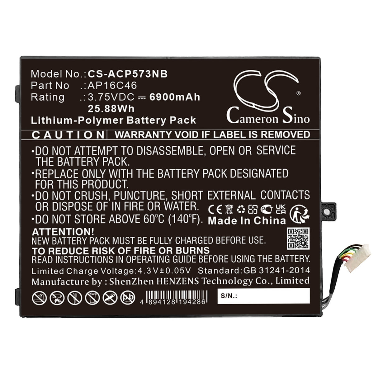 3.75v, Li-polymer, 6900mah, Battery Fits Acer, Aspire E5-573, Interruptor Sw5-017-17bu, 25.88wh Notebook, Laptop Cameron Sino Technology Limited   