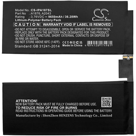 3.76V, Li-Polymer, 9650mAh, Tablet battery fits Apple, A1876, A1876, A1895, 36.28Wh Tablet Cameron Sino Technology Limited