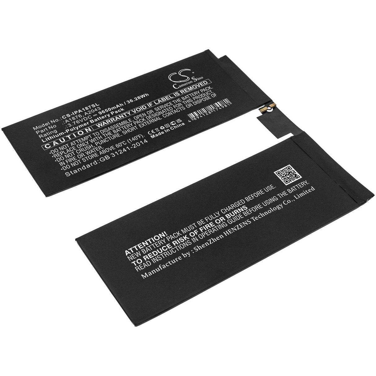 3.76V, Li-Polymer, 9650mAh, Tablet battery fits Apple, A1876, A1876, A1895, 36.28Wh Tablet Cameron Sino Technology Limited