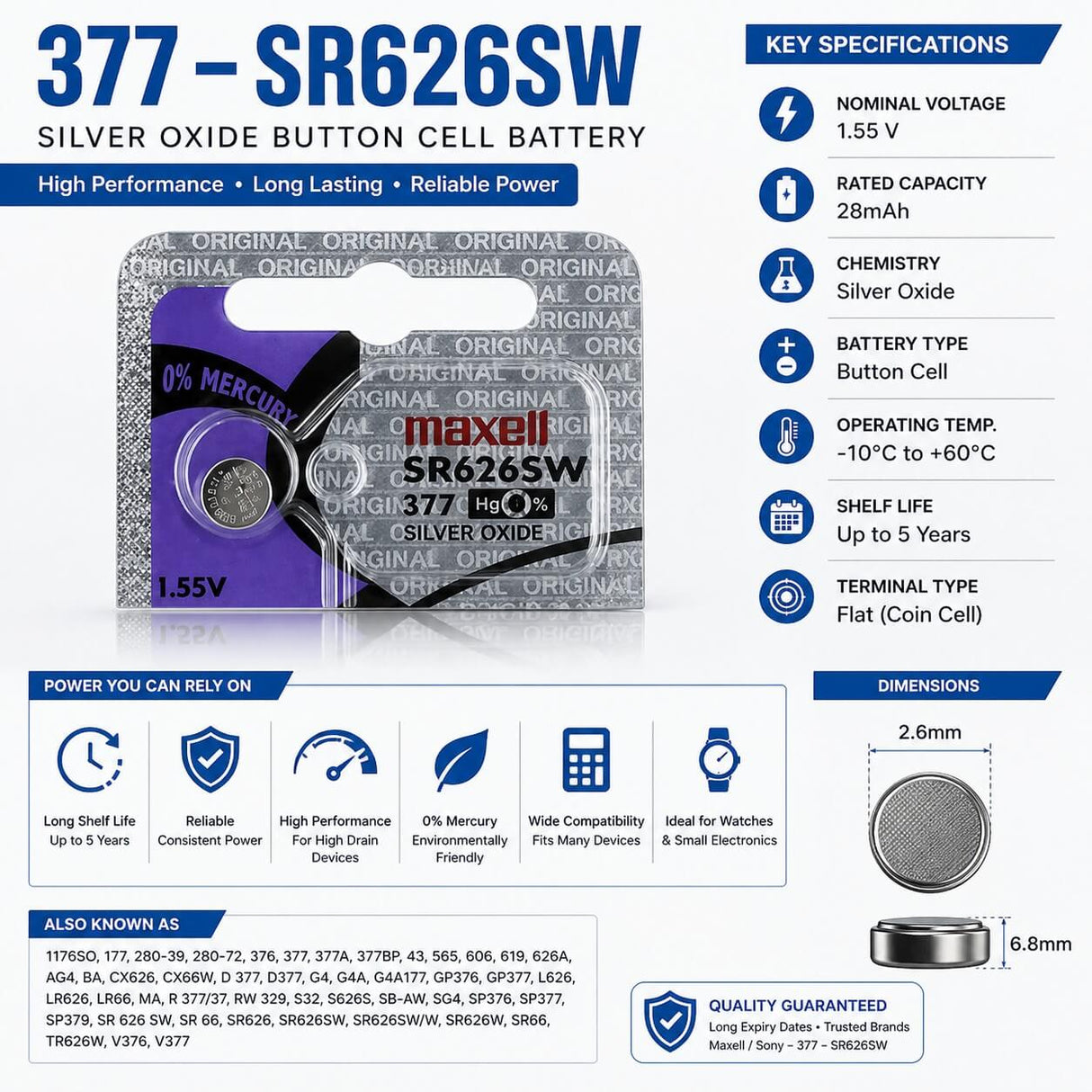 377 - Sr626sw 1.55 Volt Silver Oxide Battery Replacement Coin Cell Batteries Maxell