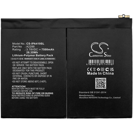 3.78V, Li-Polymer, 7500mAh, Tablet battery fits Apple, A2288, A2072, A2316, 28.35Wh Tablet Cameron Sino Technology Limited