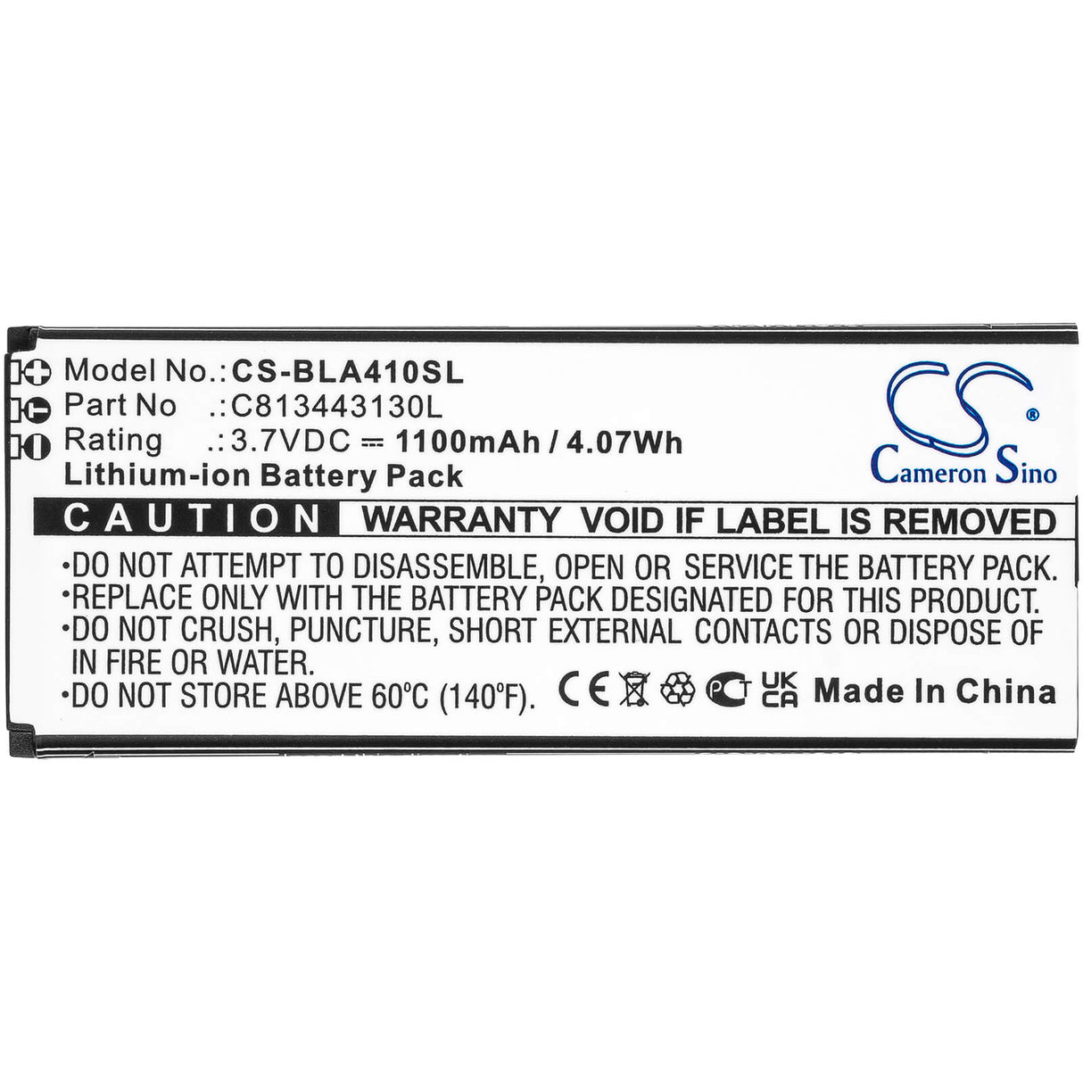 3.7V, Li-ion, 1100mAh, SmartPhone battery fits Blu, C813443130l, A410u, Advance A4 2019, 4.07Wh Mobile, SmartPhone Cameron Sino Technology Limited (Smartphone)