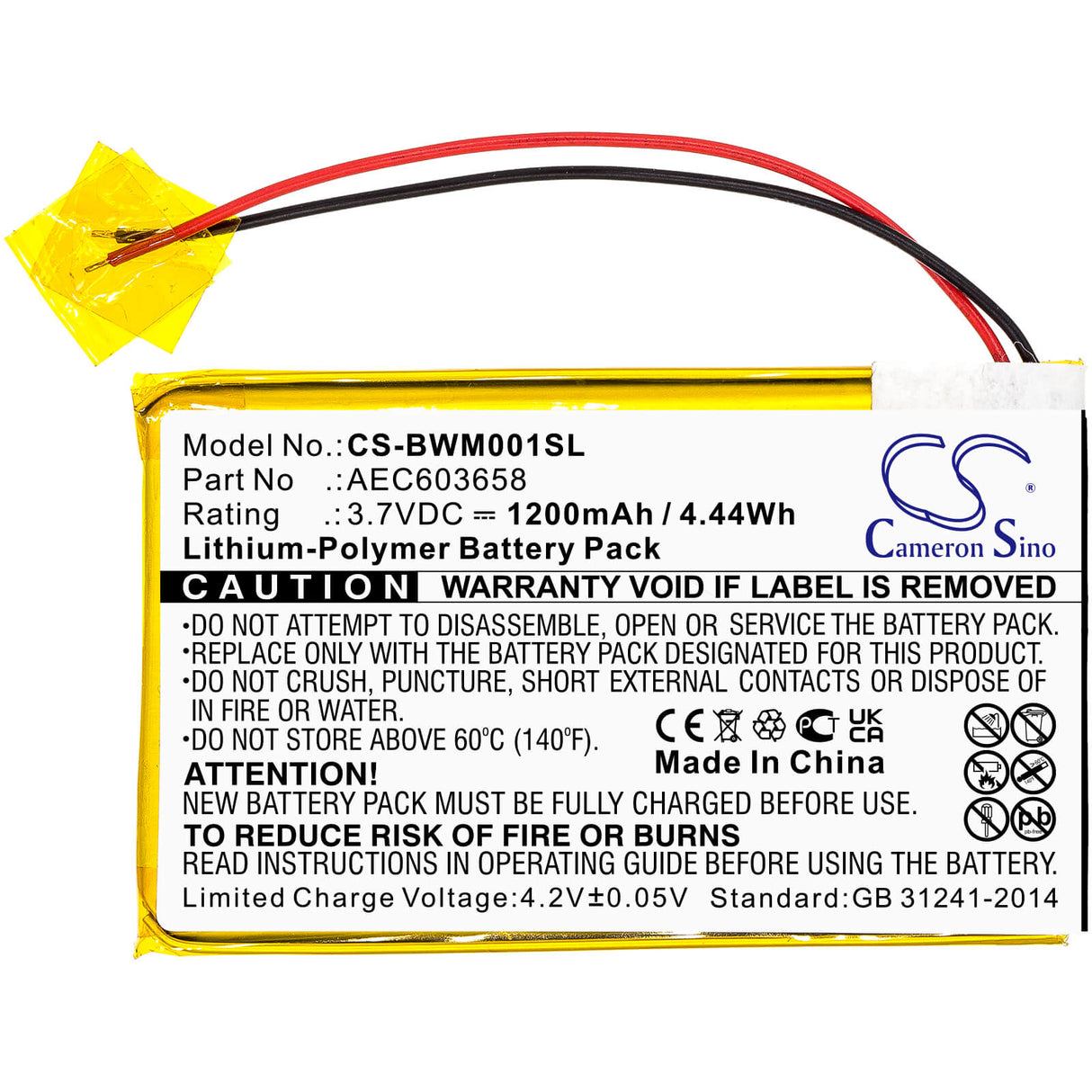 3.7v, 1200mah, Li-polymer Equipment Battery Fit's Bw, Gasalert Micro Clip Xl, Mcxl-mpcb1, 4.44wh Equipment, Survey, Test Cameron Sino Technology Limited   