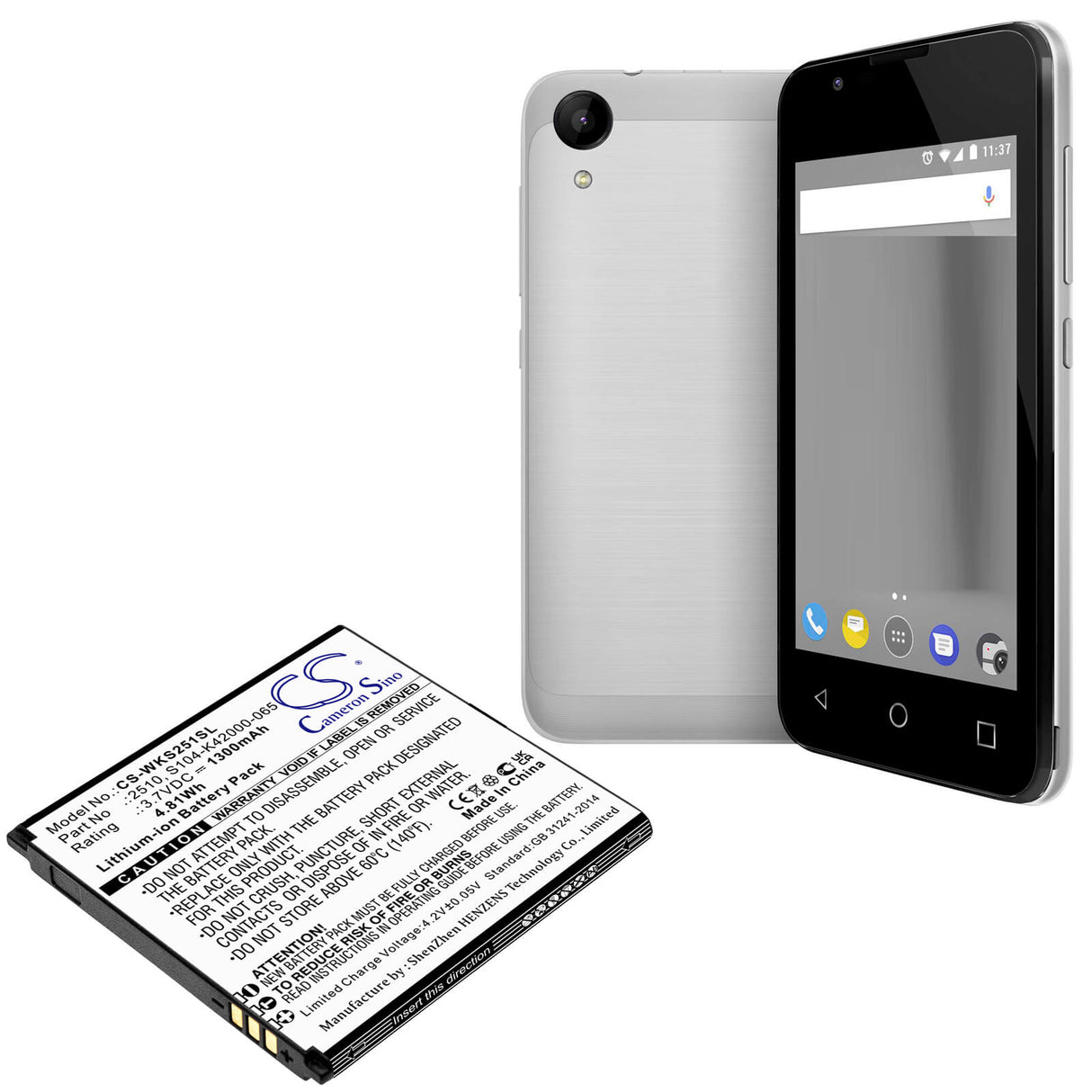 3.7V, Li-ion, 1300mAh, SmartPhone battery fits Wiko, 2510, Sunny 2, V2510, 4.81Wh Mobile, SmartPhone Cameron Sino Technology Limited (Smartphone)