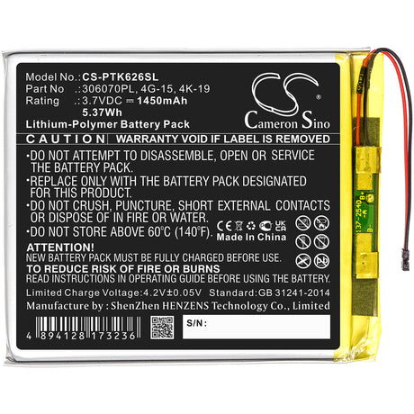 3.7V, Li-Polymer, 1450mAh, E-book, E-reader battery fits Digma, Pocketbook, 306070pl, E628, R657, 5.37Wh E-book, E-reader Cameron Sino Technology Limited